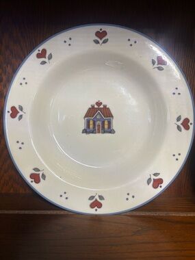 Sears Cream Bowl with Red Heart and Blue Rim Cottage Motif